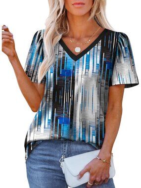 Women's T Shirts Tech Print V Neck Dressy Casual Puff Short Sleeves Summer Tops